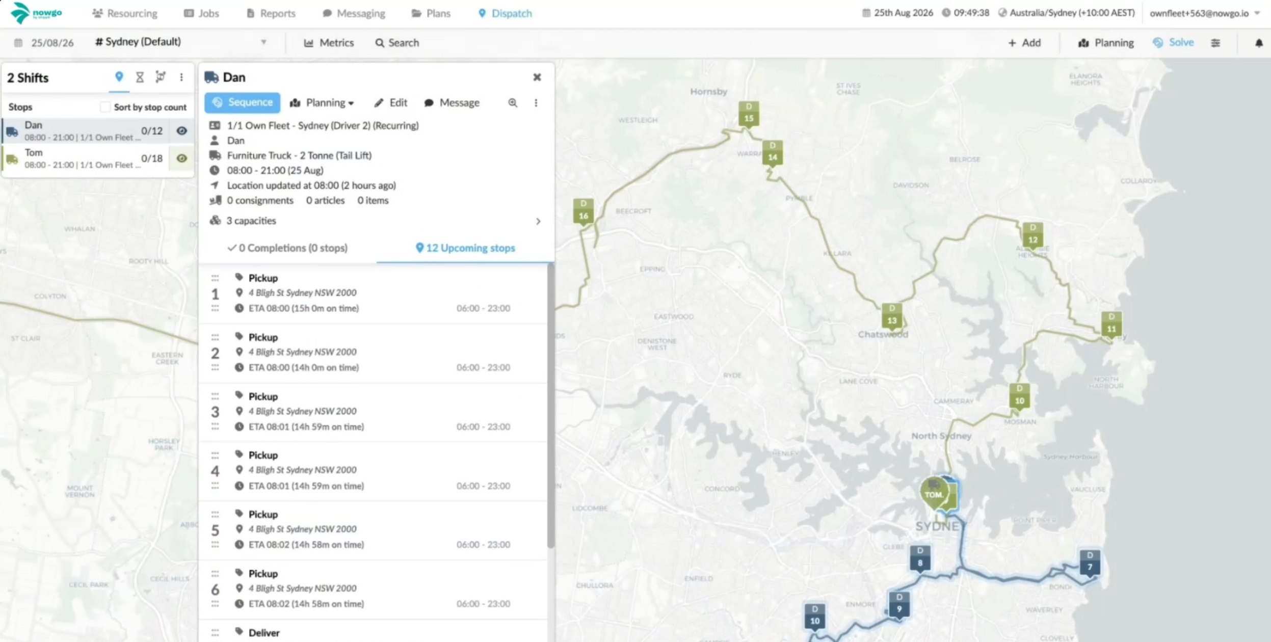 Screenshot of the NowGo fleet management dashboard showing two delivery shifts in Sydney. A map displays blue and green delivery routes across Sydney, while a side panel lists upcoming pickup and delivery stops, driver Dan’s vehicle details, shift hours, and estimated arrival times.