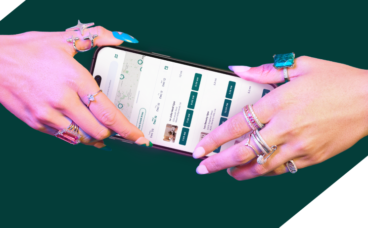 Two hands grabbing phone with upkeep app visible on screen