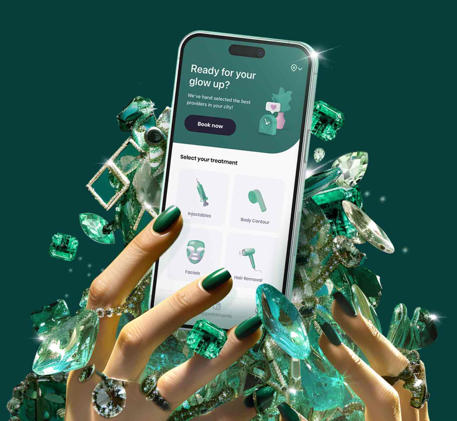 a woman's hands holding a phone that has upkeep's app open with green jewels on it