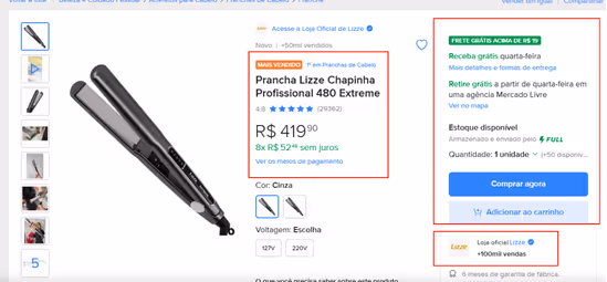 Página de produto no Mercado Livre mostrando a prancha Lizze 480 Extreme com preço, avaliações e o botão “Adicionar ao carrinho” na Buy Box, destacando a loja oficial Lizze como vendedora.