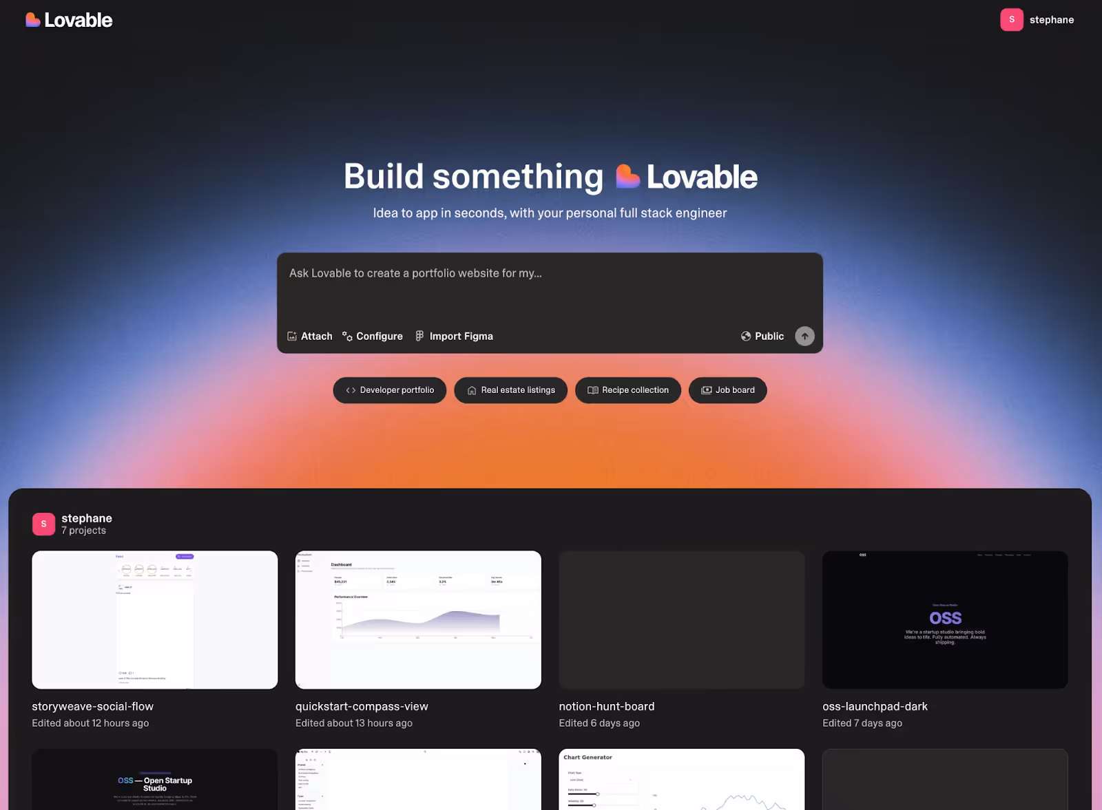 Tela inicial do Lovable mostrando o campo para criar apps por IA, botões de configuração e uma grade com projetos recentes do usuário.