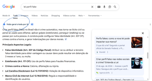 Resultados do Google com AI Overview explicando aspectos legais de criar perfil falso no Brasil, incluindo lista de crimes e leis relacionadas.