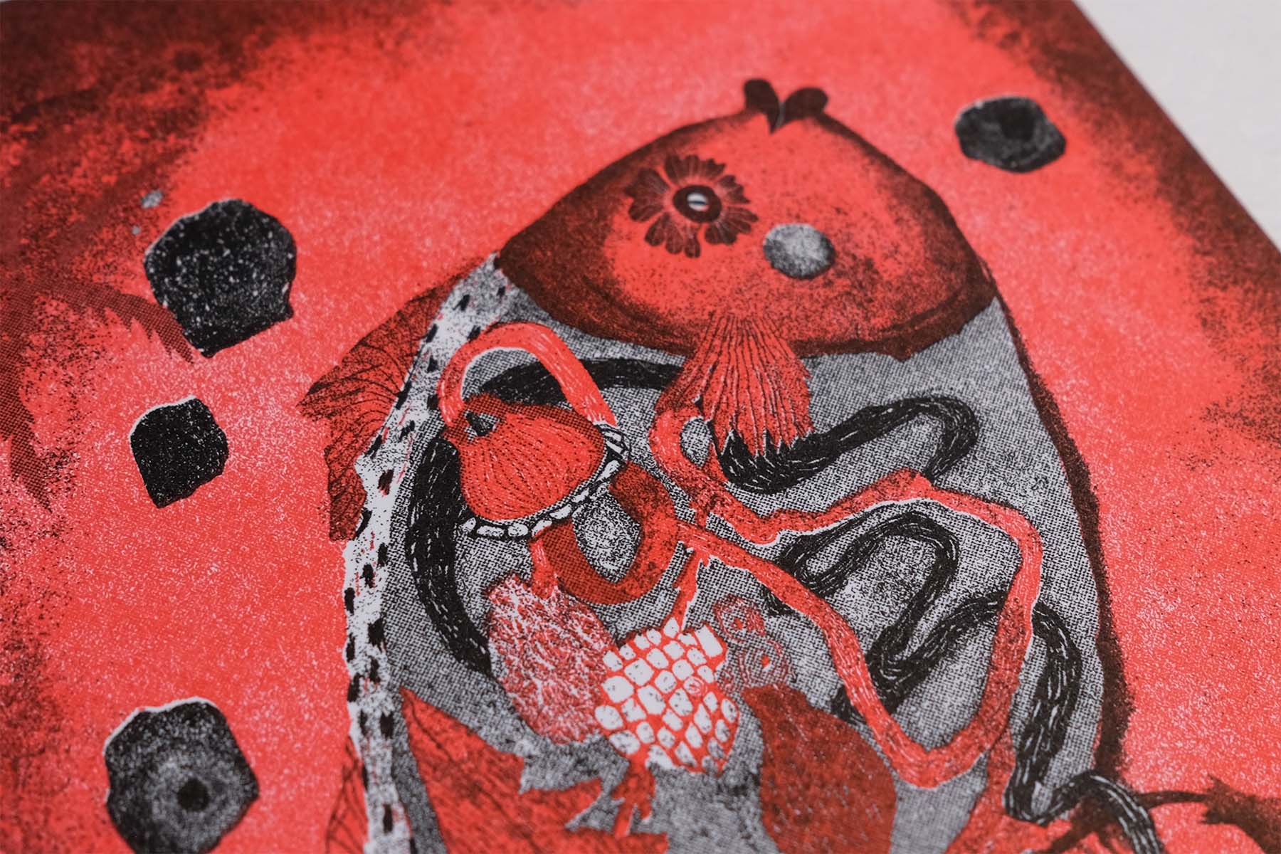 Zoom in of the fish guts risograph print