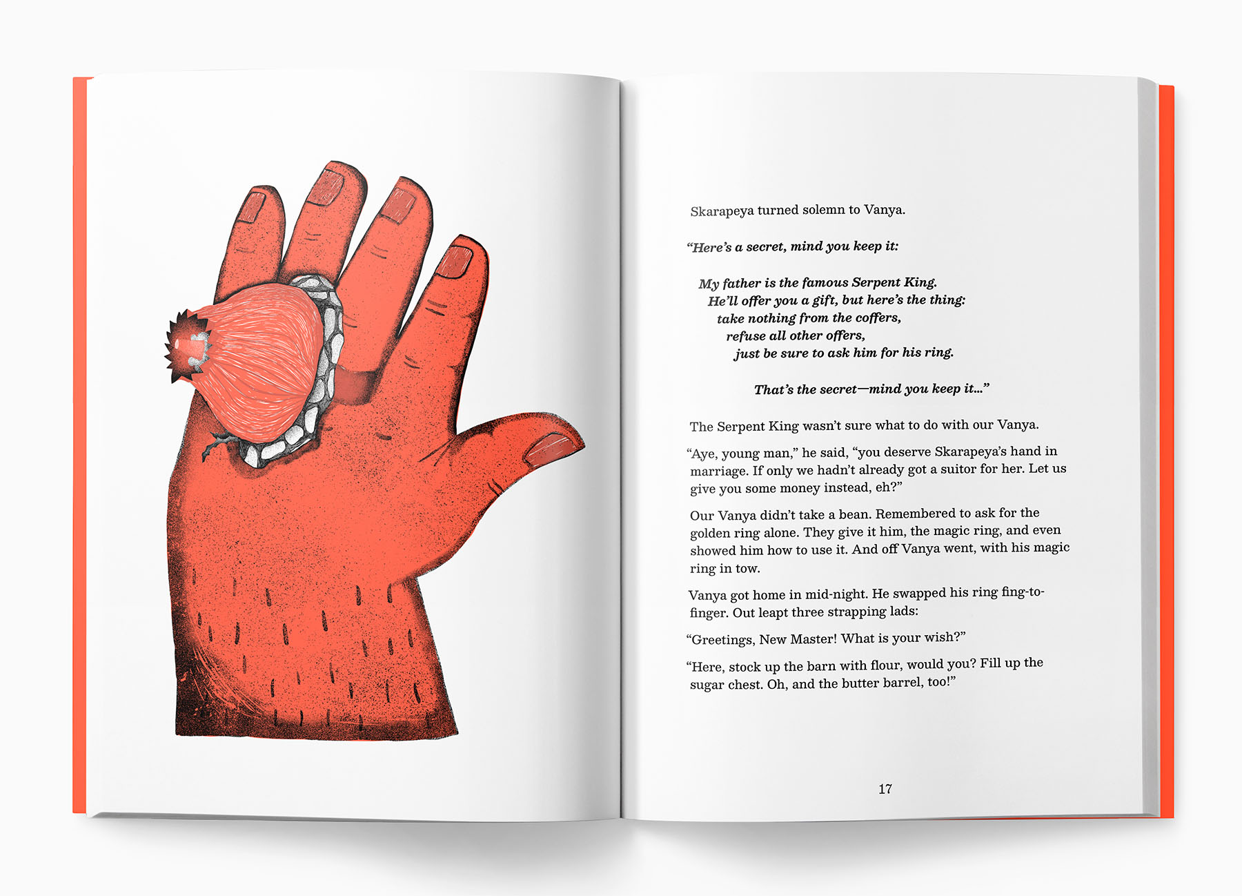 A page spread with a hand with the magic ring