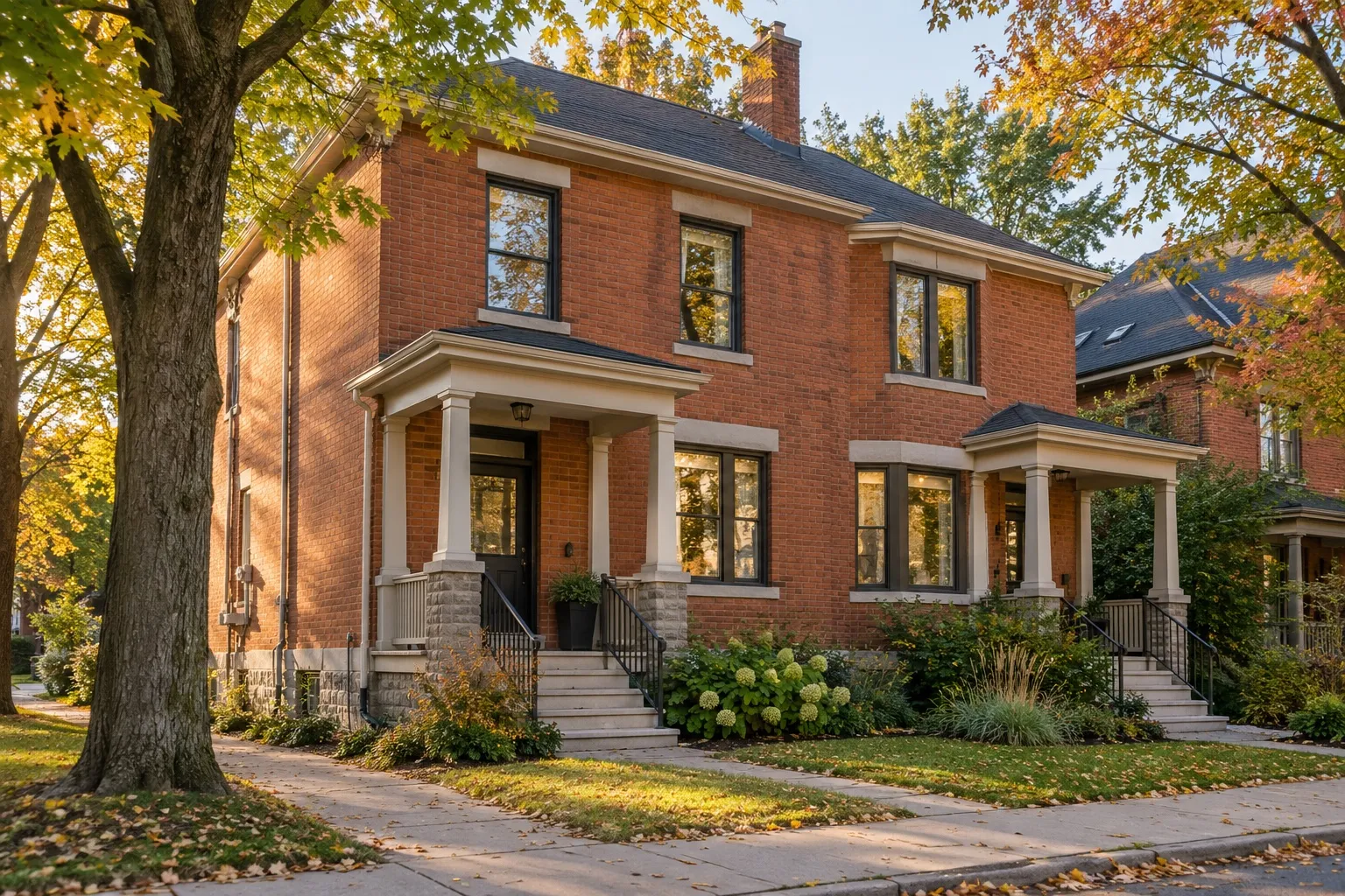 Illustrative red-brick duplex with two front entrances on a tree-lined autumn street