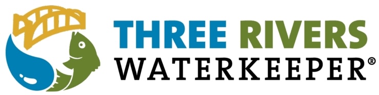 A water drop curved into the tail of a green fish which is then curved and facing a curved yellow bridge to all form a circle. The logo also has text for Three Rivers Water Keeper. Their goal is to improve and protect the water quality of the Allegheny, Monongahela, and Ohio Rivers, and their respective watersheds.