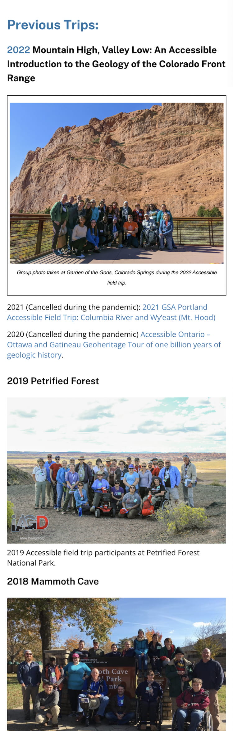 Old field trips page with every trip listed inline as repeating photo-and-paragraph blocks — nothing collapses, no consistent layout