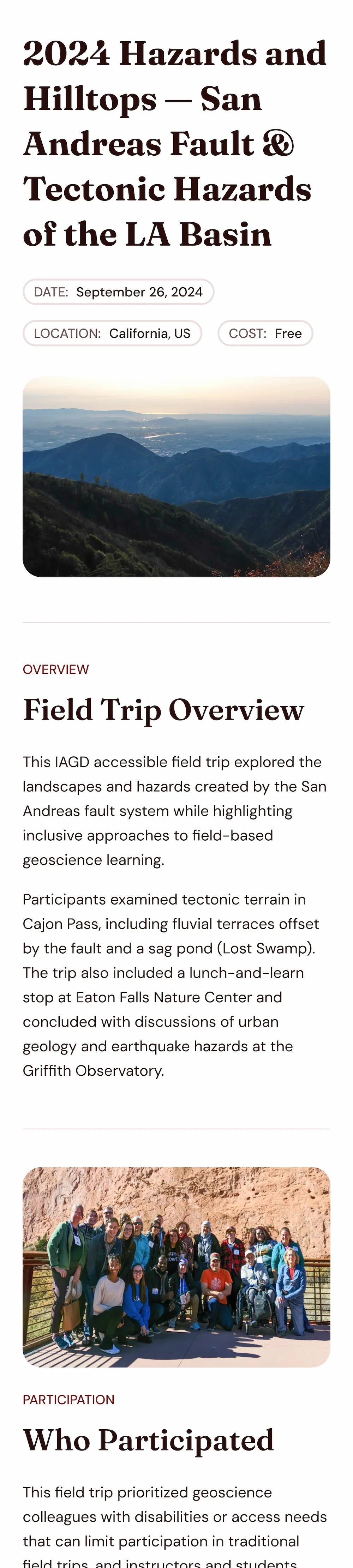 Partial view of a field trip detail page in an editorial layout — header photo, trip overview, and the start of a participation section with a group photo