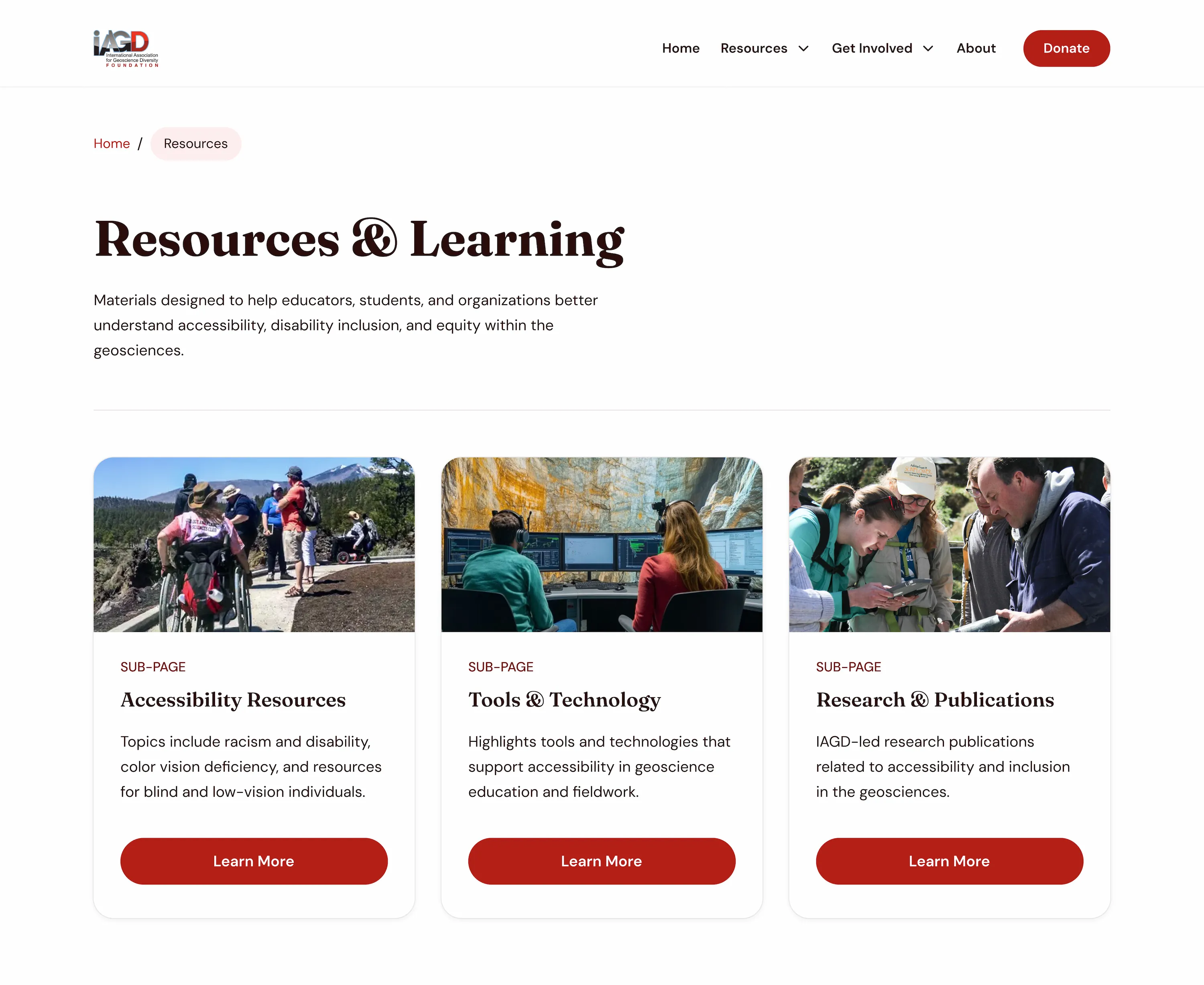 esktop page with full navigation header and the three resource cards in a 3-column grid; footer not shown