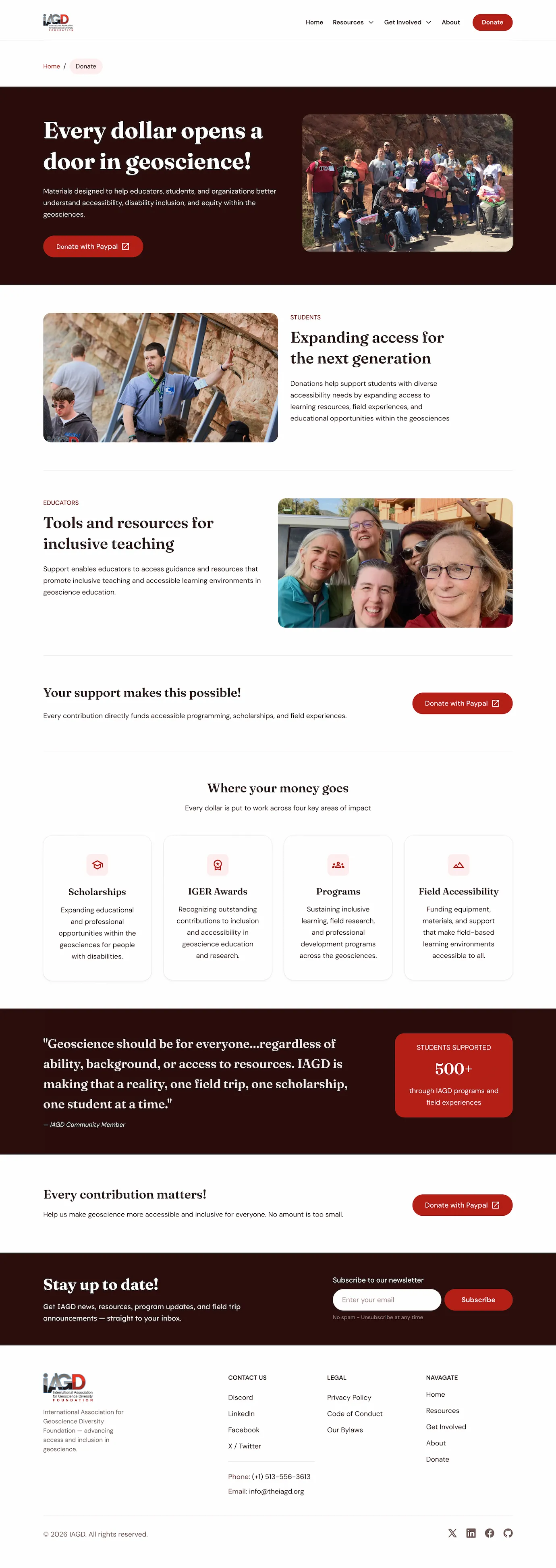 Full desktop donate page — hero splits into campaign copy beside a photo, impact areas open into a four-column row, and the testimonial sits beside the stats card, with full header and footer