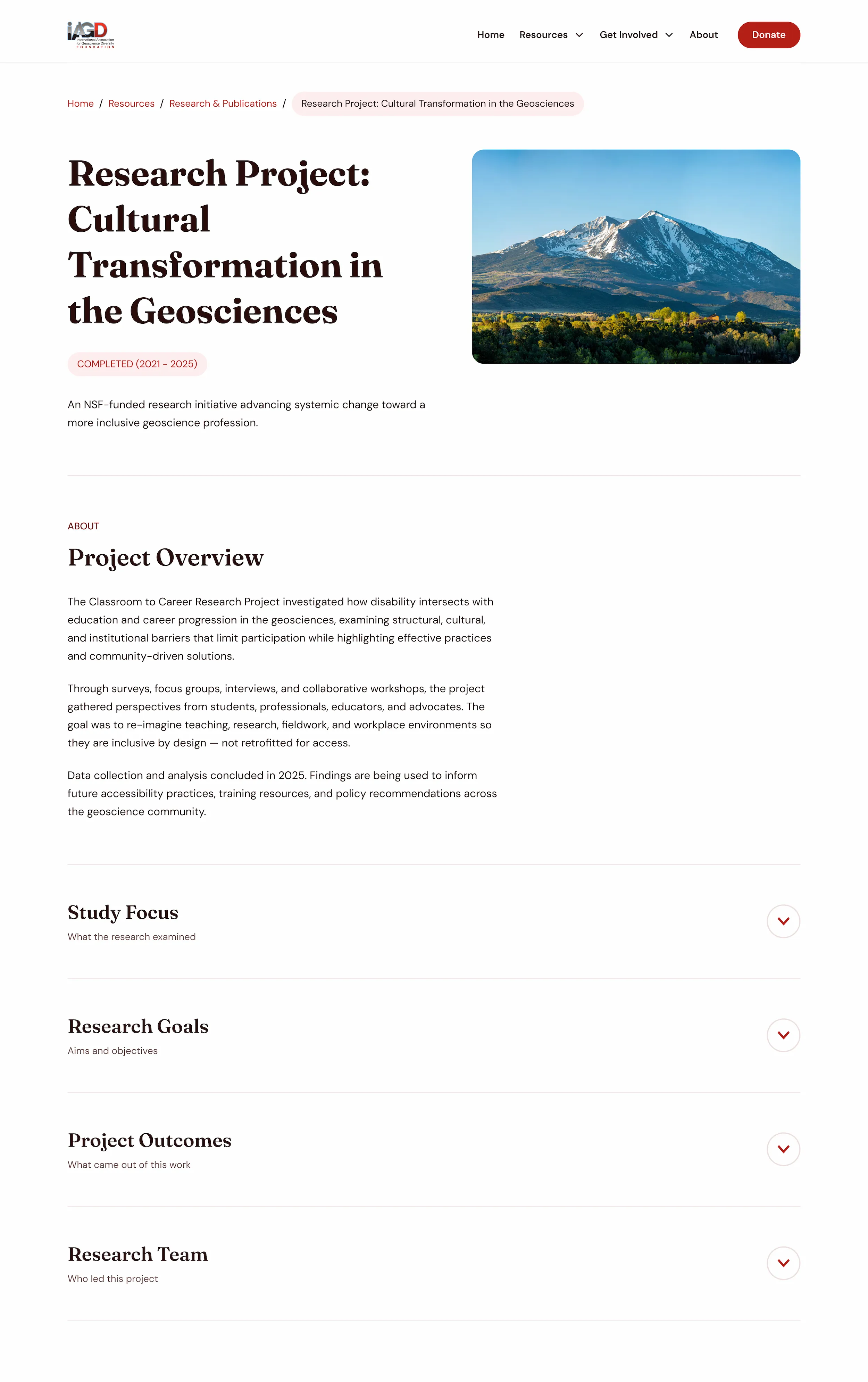Desktop project detail page — hero splits into two columns with the image beside the title, and four collapsed accordions run full-width below; footer not shown