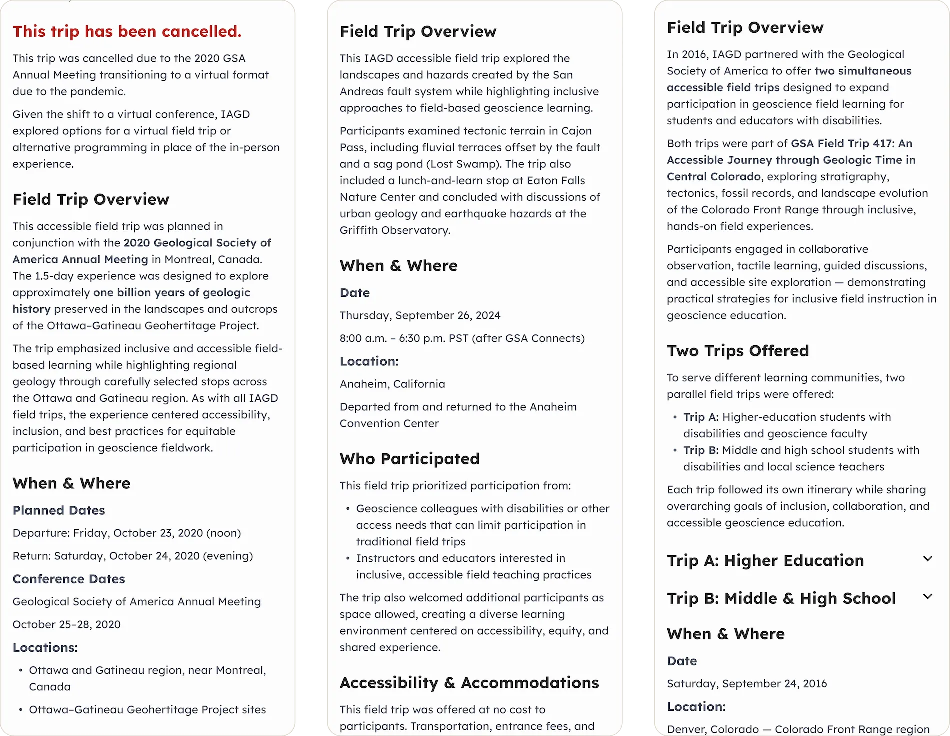 Three trip wireframes side by side with different section orders — the first opens with a cancellation notice, the second runs overview then when and where then who participated, and the third adds a two-trips-offered section with its own accordion