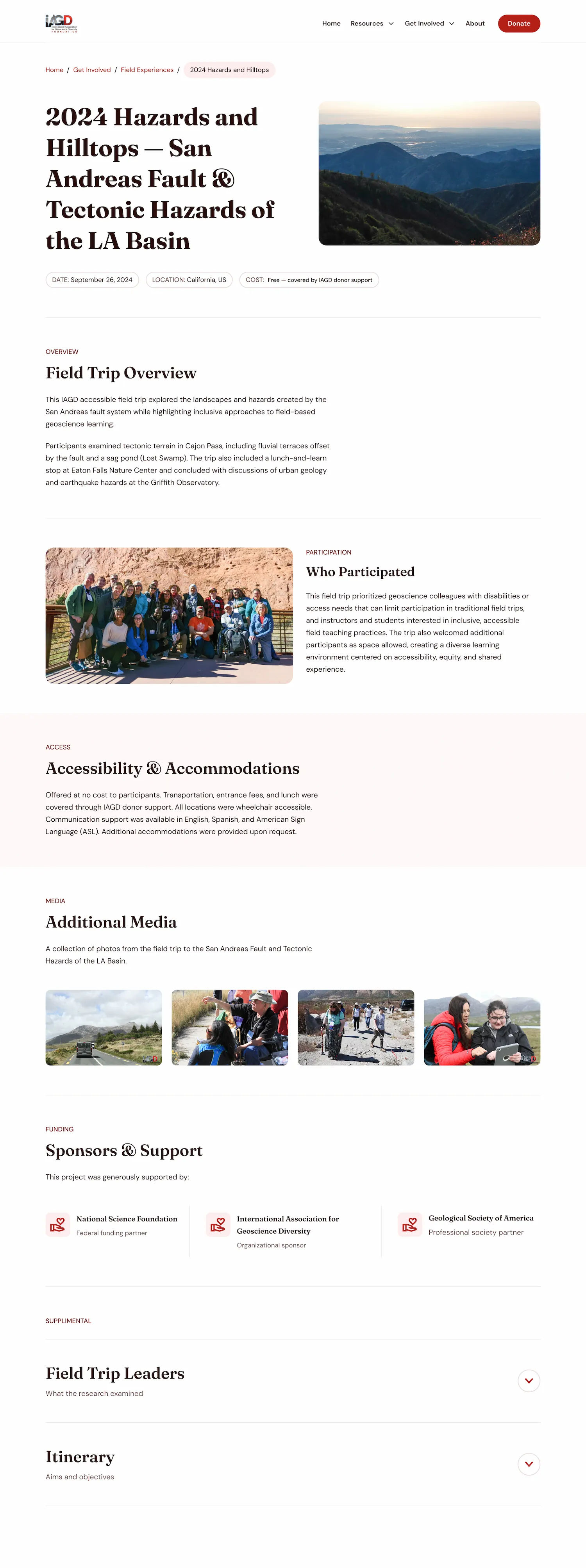 Standardized trip page — hero with title, photo, and date/location/cost pills, followed by overview, participation, accessibility, media gallery, sponsors, and collapsed supplemental accordions; footer not shown