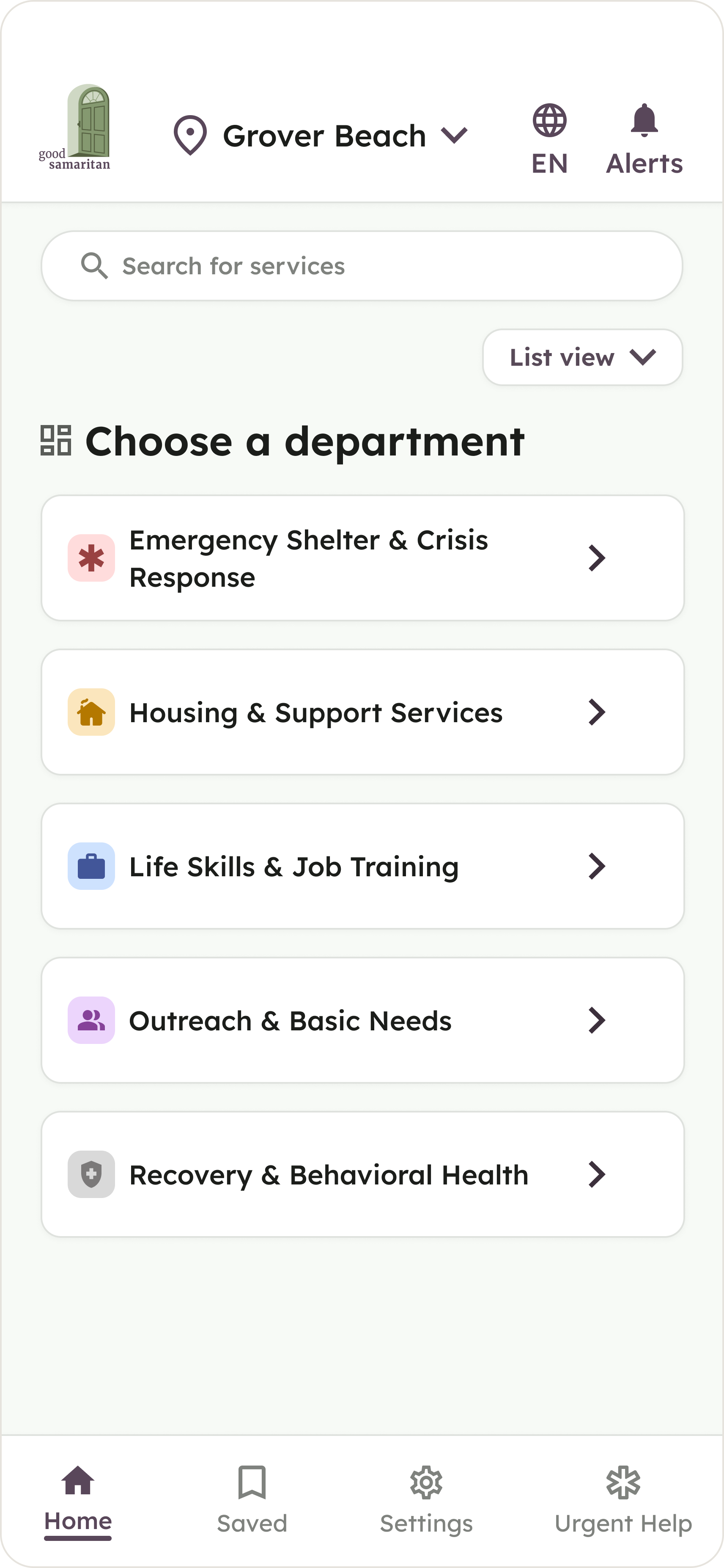 Hi-fidelity screen labeled "Choose a department" with five category rows and tint-fill icons