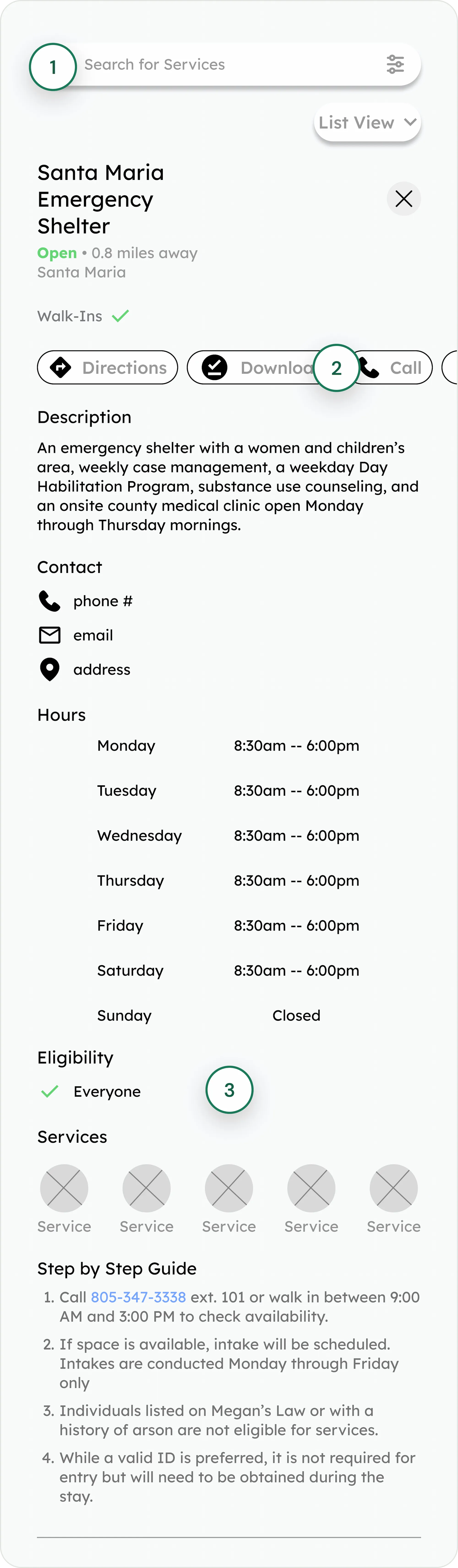 Before: Call grouped with Directions and Download in a row below the shelter's location; hours, eligibility, and services listed further down the page