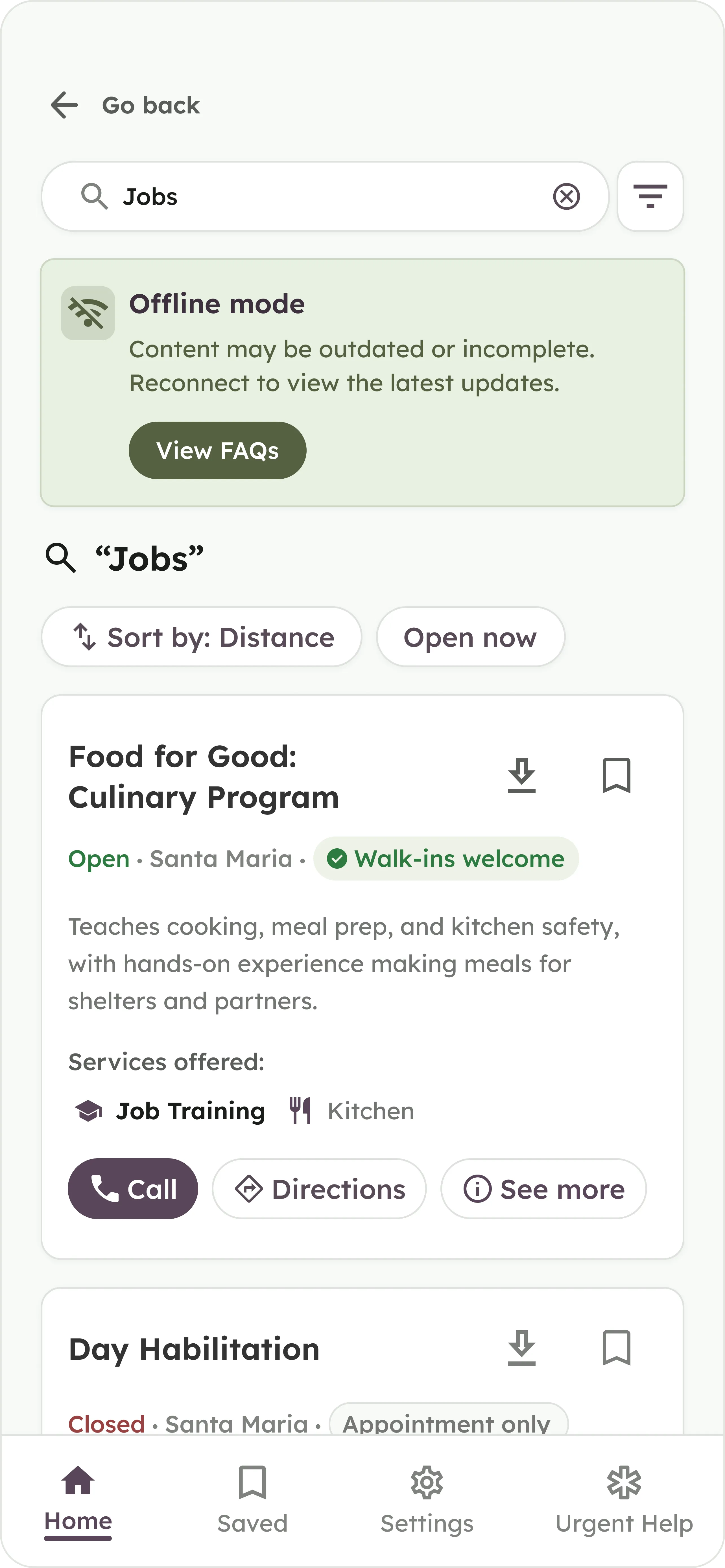 Offline mode banner over cached search results for "Jobs"