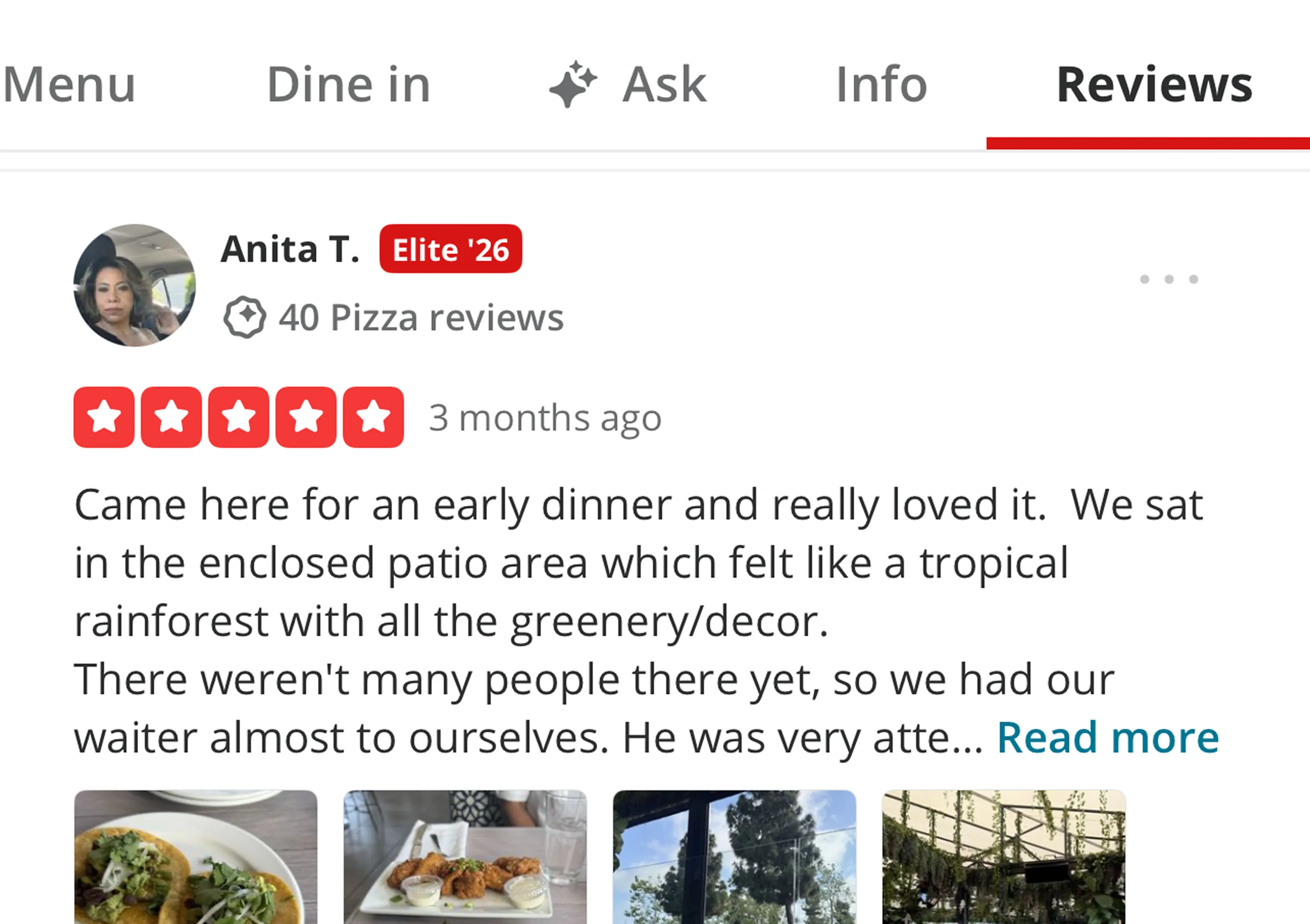 Yelp's reviews tab with star ratings and visitor photos