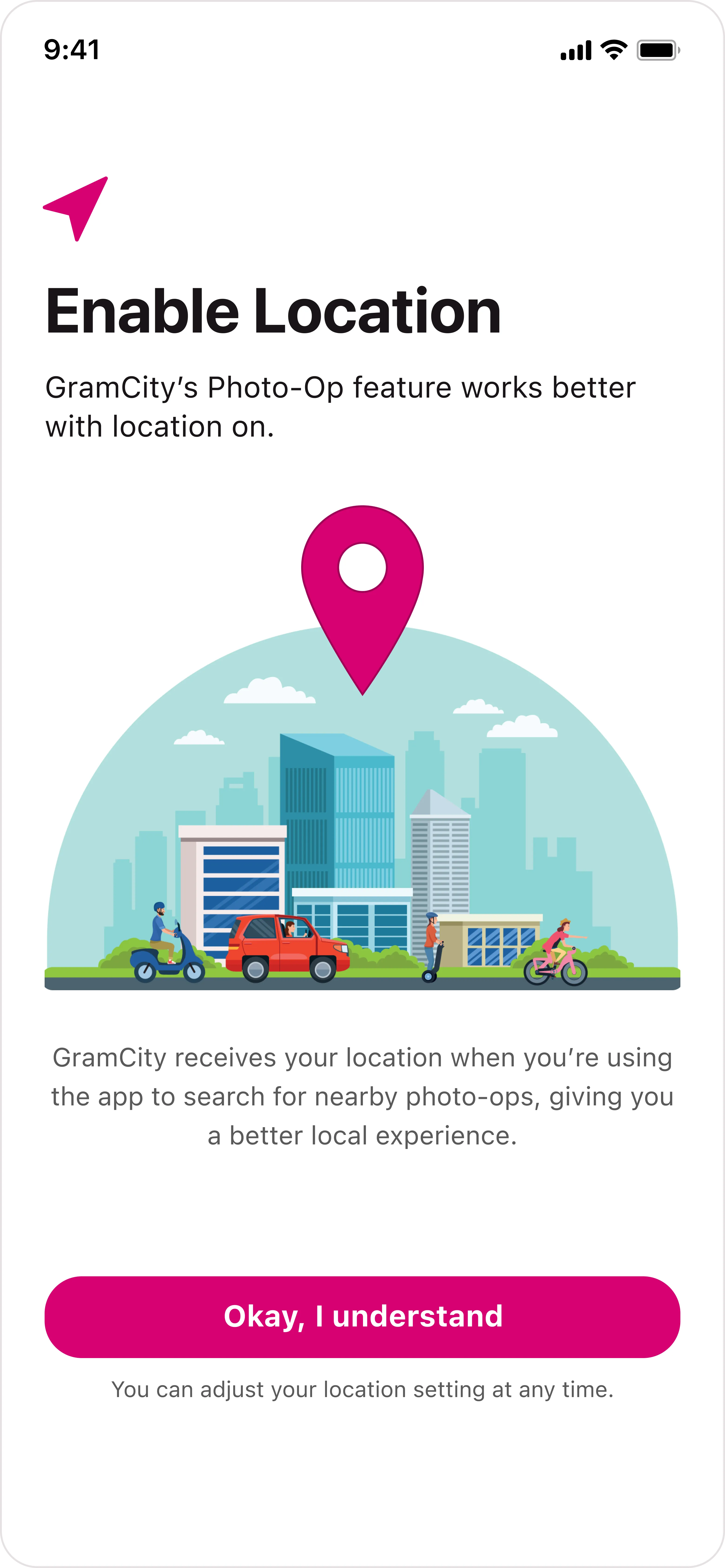 GramCity's enable location screen with an illustrated city and an "Okay, I understand" button