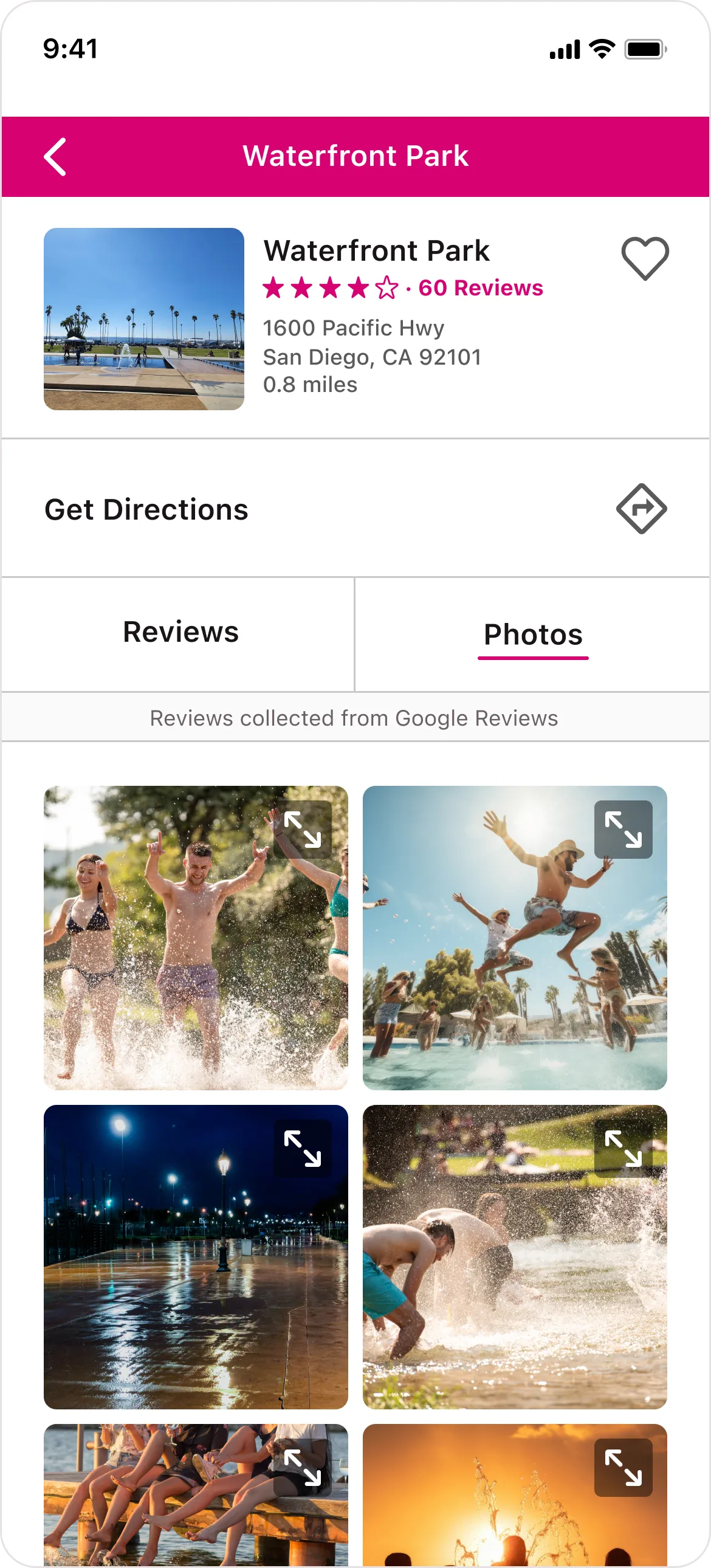 GramCity's Waterfront Park detail page with the Photos tab open, showing a grid of visitor photos with expand icons