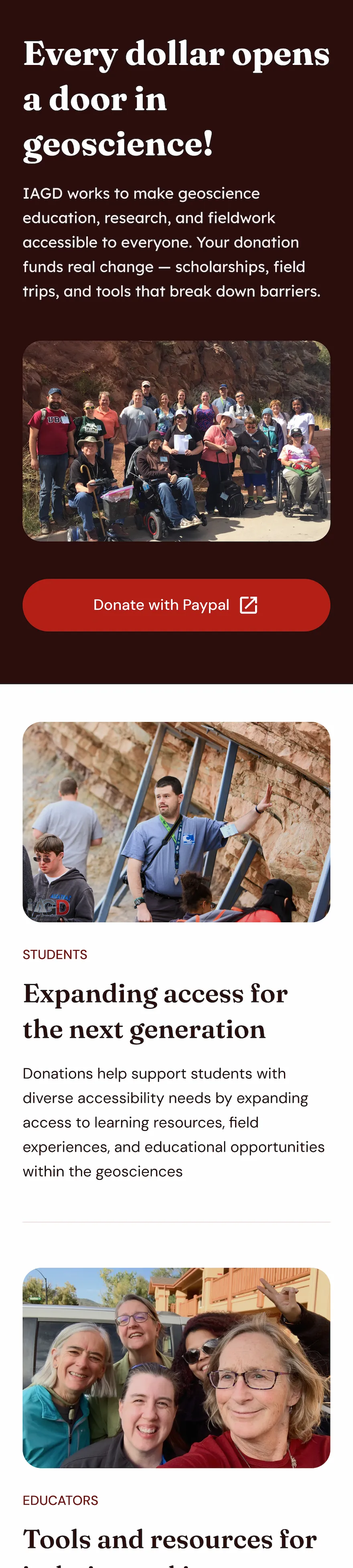 Partial view of a donation campaign page — dark hero section with a PayPal donate button, followed by the start of impact cards for students and educators