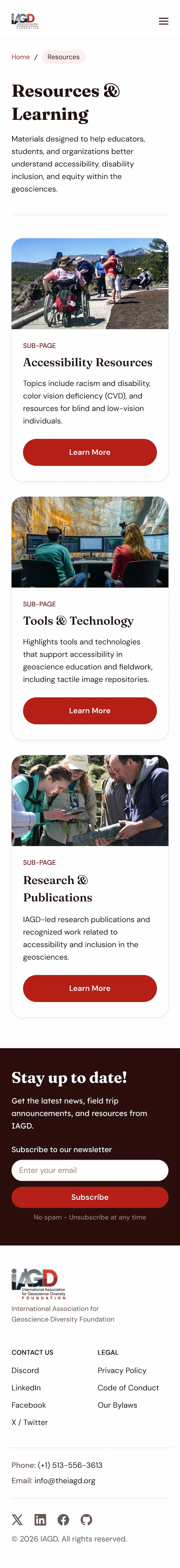 Full mobile page — header, breadcrumb, three resource cards stacked in one column, and footer with newsletter signup