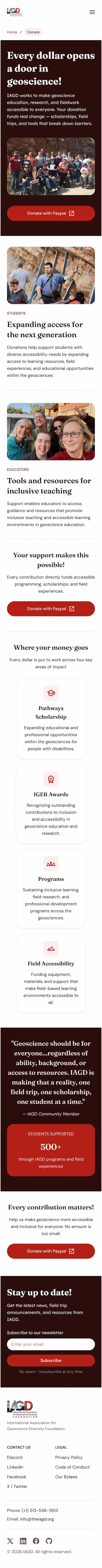 Full mobile donate page — dark hero, stacked student and educator impact photos, four impact-area cards in one column, and a testimonial with a single stats card, ending in footer