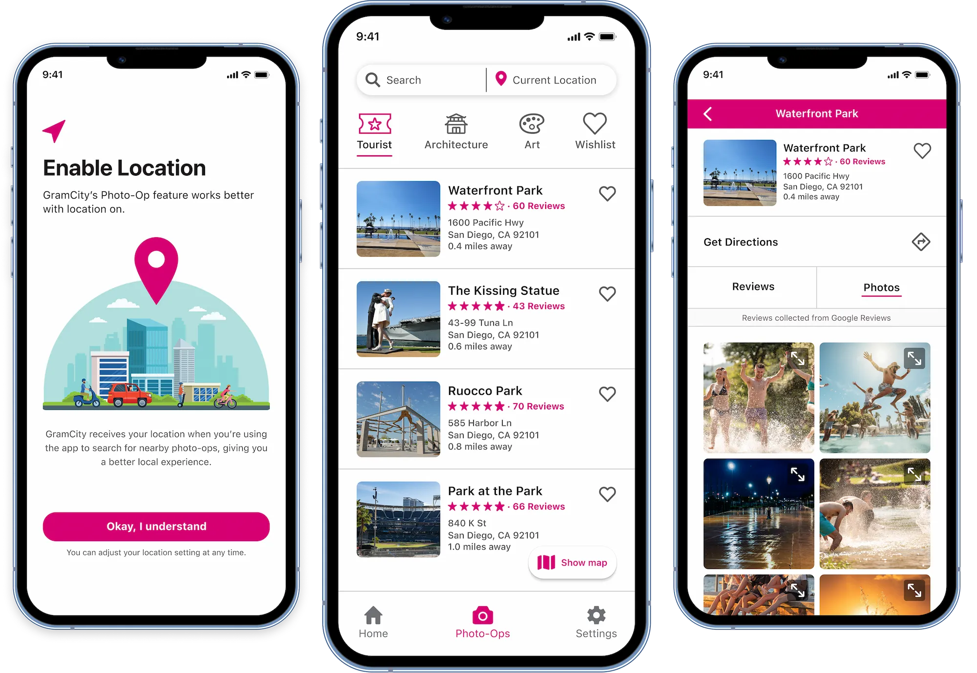 GramCity case study — app shown on three phone screens