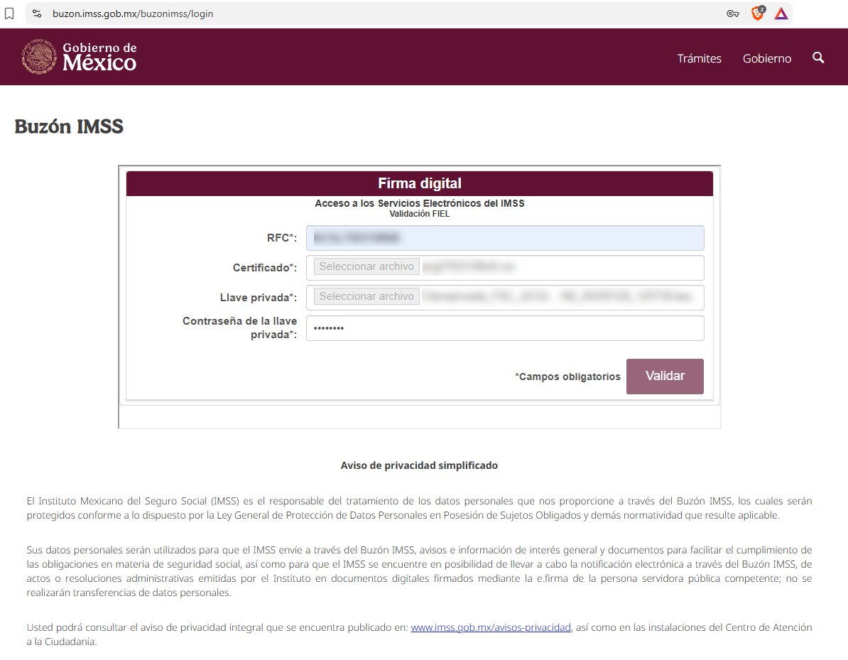 Pantalla de validación con e.firma (FIEL) para acceder al Buzón IMSS