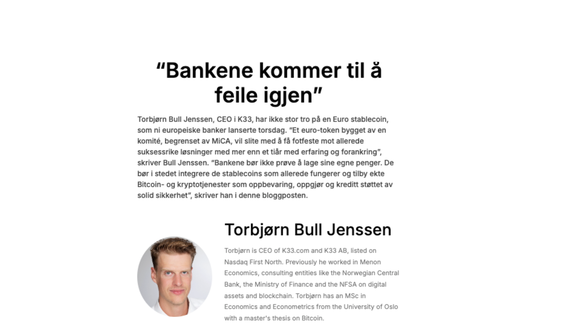 Bull Jenssen, CEO K33, kritisk til bankkonsortie på stablecoin