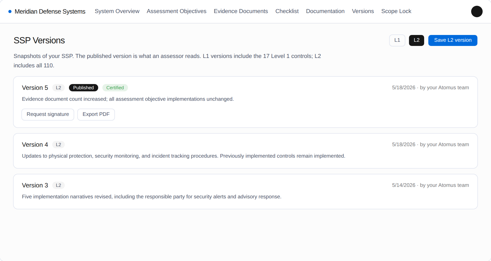 Atomus Compliance Portal — SSP version history