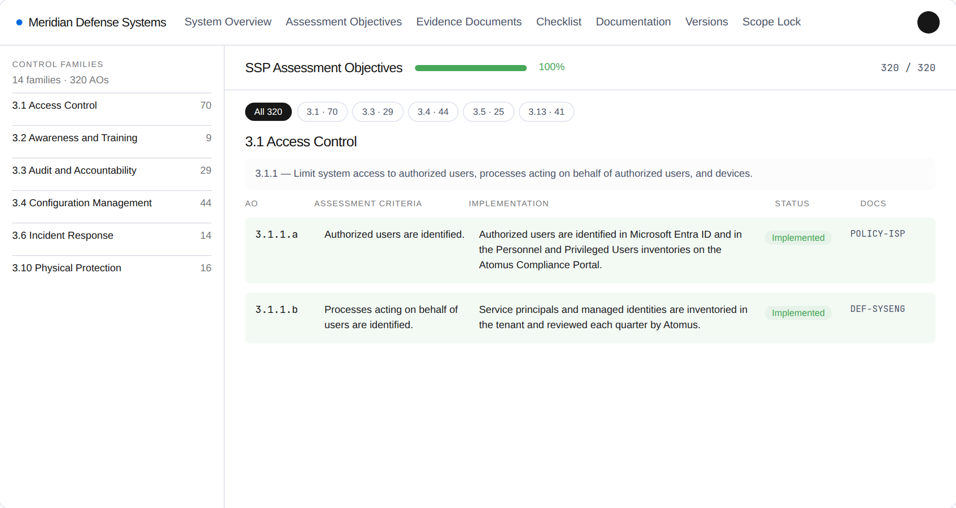Atomus Compliance Portal — SSP assessment objectives