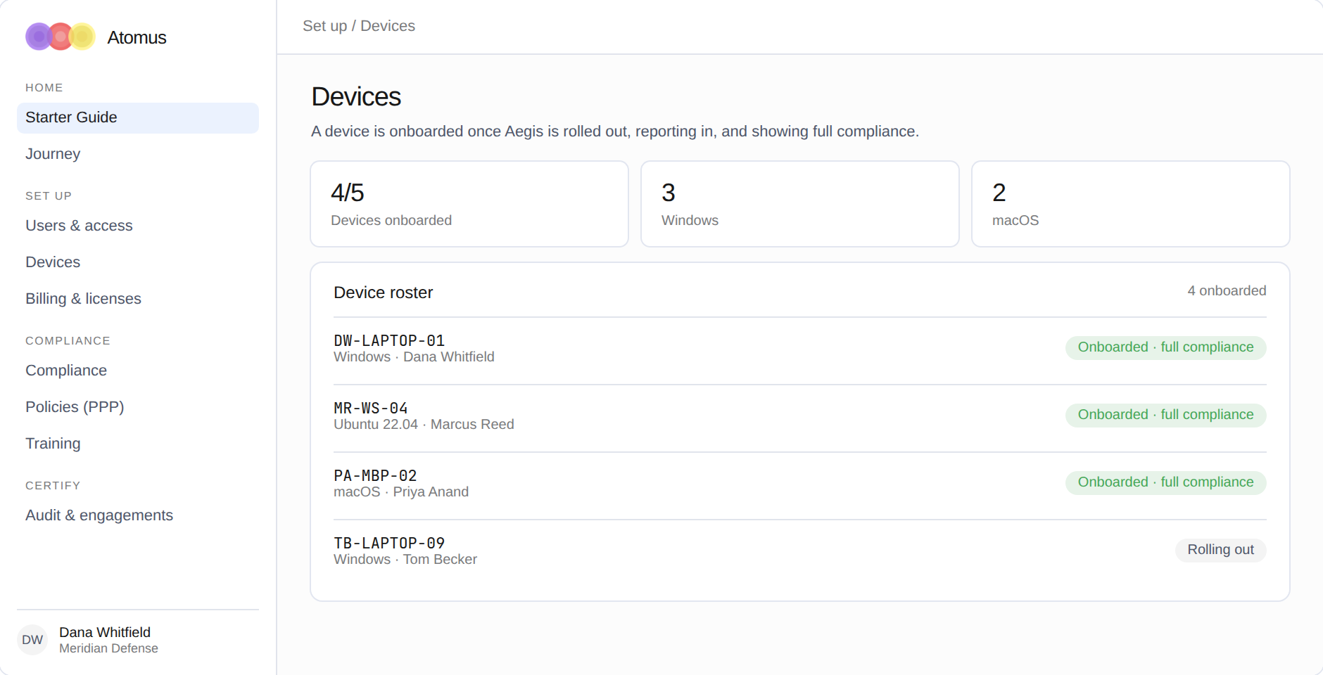 Atomus Compliance Portal — devices view