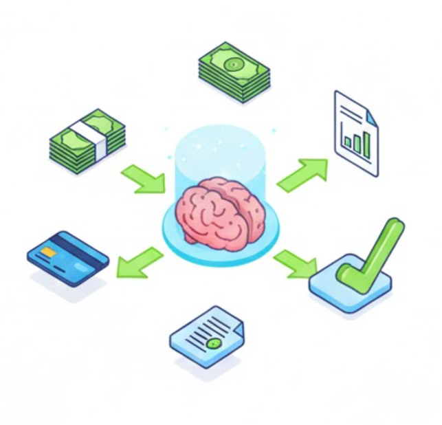 Ilustracja mózgu pod szklaną kopułą z zielonymi strzałkami wskazującymi na stosy pieniędzy, wykres, kartę kredytową, dokument oraz znak zatwierdzenia.
