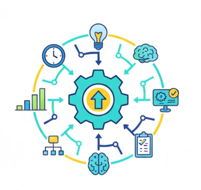 Schemat koła zębatego na środku z rosnącą strzałką, otoczony ikonami mózgu, wykresu słupkowego, zegara, żarówki, organizacji struktury, komputera i listy kontrolnej, symbolizujący proces rozwoju i zarządzania.