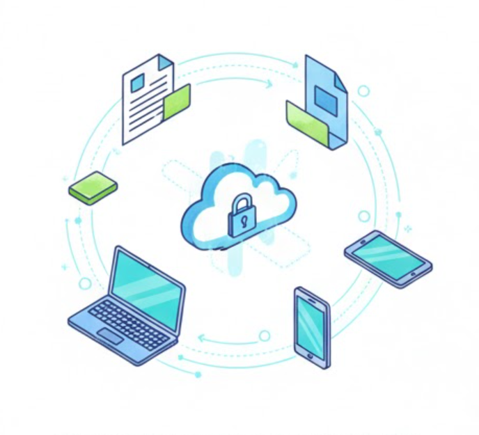 Chmura z zamkiem w środku otoczona ikonami laptopa, smartfona, tabletu, dokumentów i dysku, symbolizująca bezpieczne przechowywanie danych w chmurze.