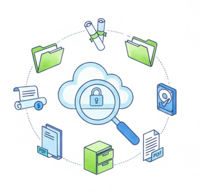 Ilustracja chmury z ikoną kłódki pod lupą otoczonej ikonami dokumentów, folderów, dysku twardego i archiwum, symbolizująca bezpieczne zarządzanie danymi.
