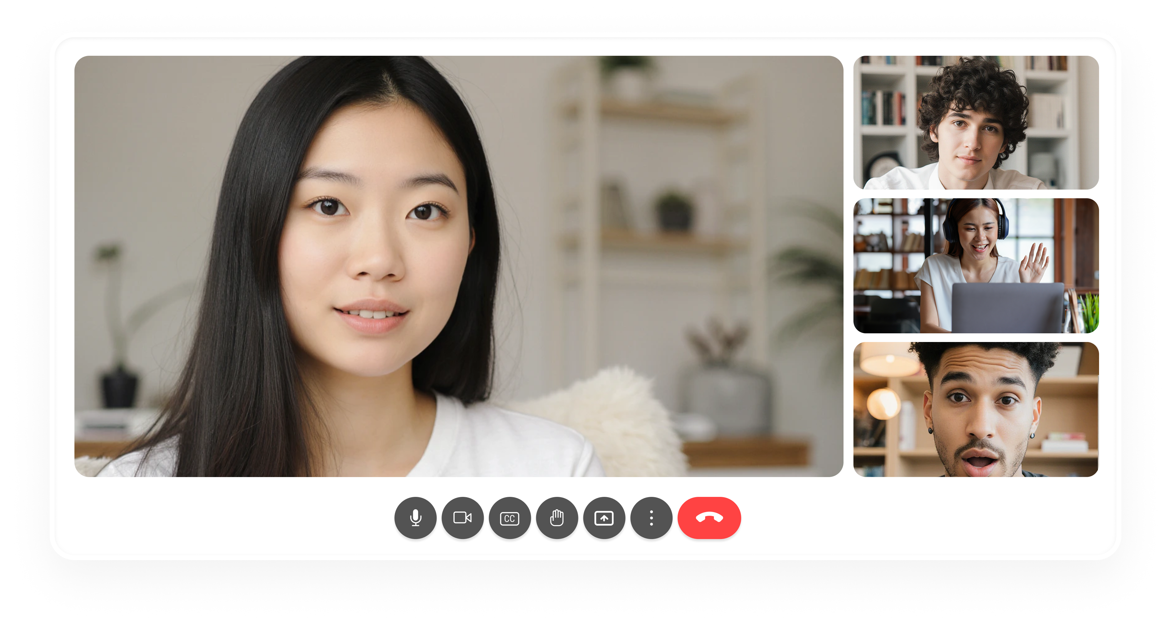 Video call screen showing a woman with long black hair and three smaller video feeds of young adults in different settings.