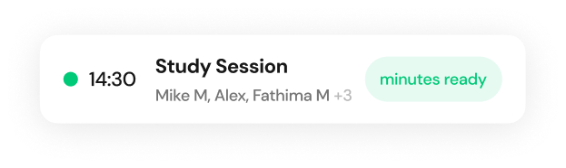 Notification bar showing a Study Session at 14:30 with participants Mike M, Alex, Fathima M, and 3 others, with status 'minutes ready'.