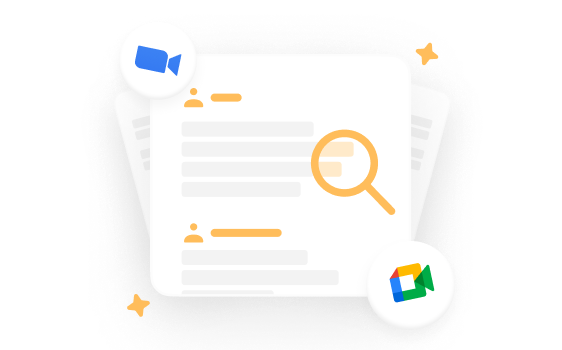 Illustration of a document with text lines and magnifying glass icon, surrounded by two video call app icons resembling Zoom and Google Meet.