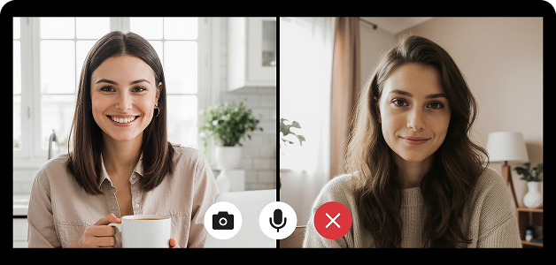 Two women on a video call, one holding a mug and smiling, the other with long hair and a neutral expression.