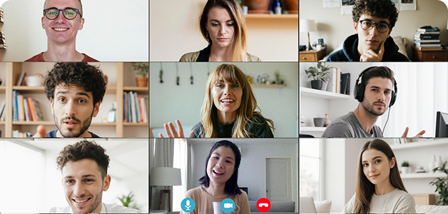 Nine people participating in a video conference call, each in individual video frames.