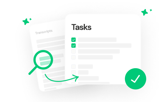 Illustration of a task list with checked and unchecked items, a magnifying glass over a transcript document, and a green checkmark indicating completion.