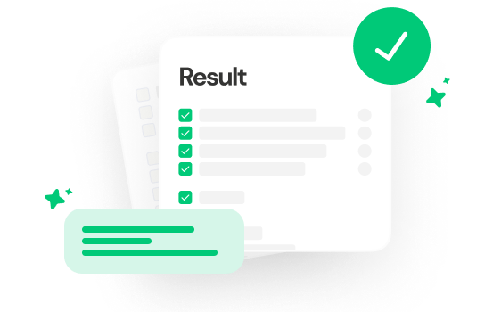 Checklist titled 'Result' with multiple green check marks and a large green check icon in the top right.