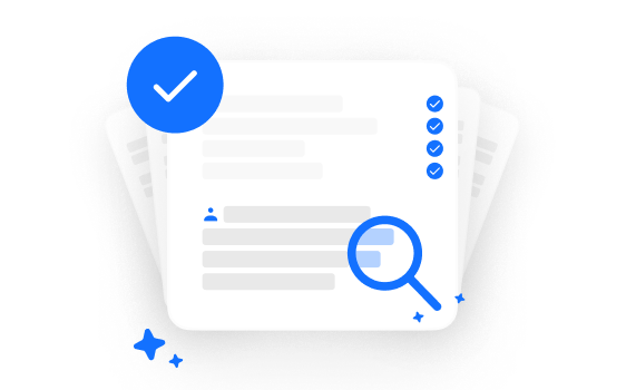 Stack of documents with checkmarks and a magnifying glass highlighting text, symbolizing review or verification.