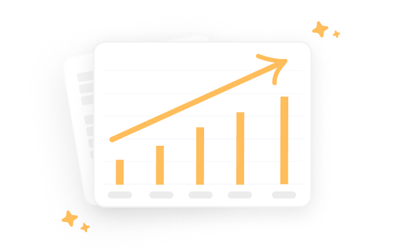 White card with an orange ascending bar chart and arrow, with stars around it, symbolizing growth or progress.