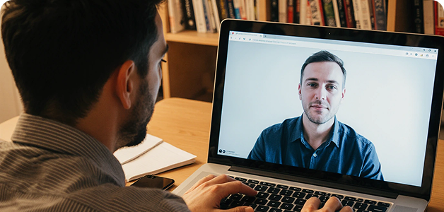 Man participating in a video call with another man visible on the laptop screen in a home office setting.