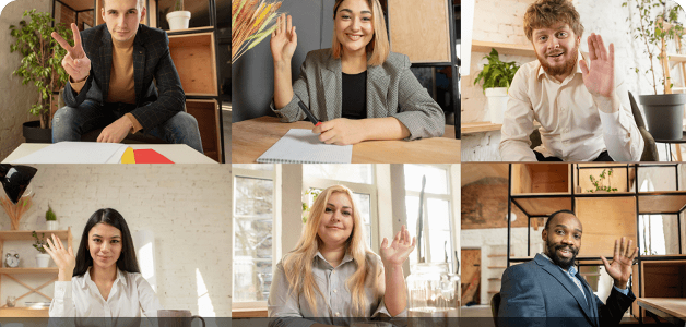 Six diverse people in video call grid waving or showing peace sign, smiling in home or office settings.