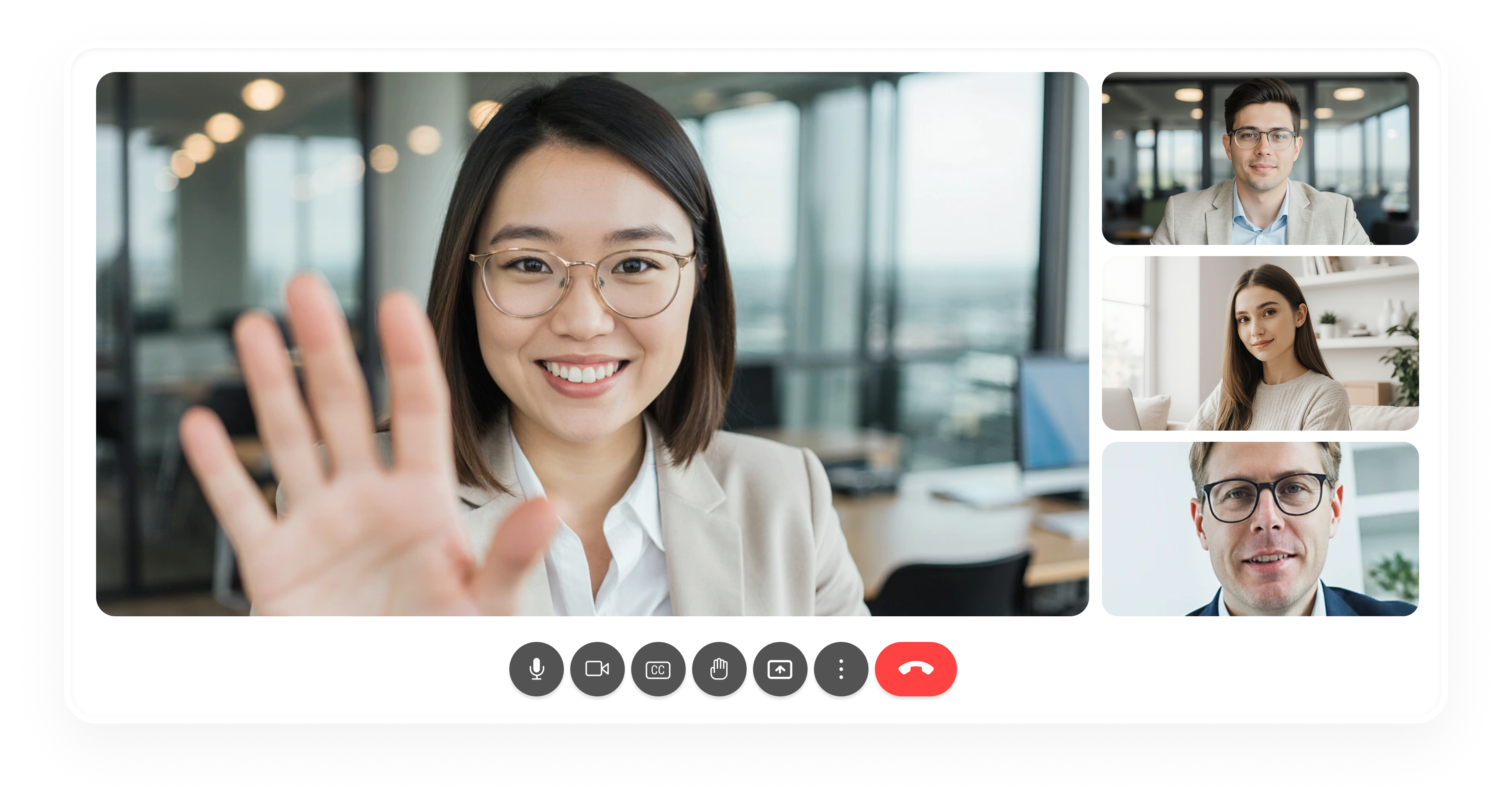 Video call screen with a smiling woman in glasses waving on the main display and three smaller participant windows showing two men and one woman.