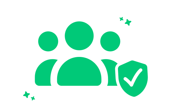 Icon of three green user figures with a shield displaying a white checkmark, representing verified users or secure group.