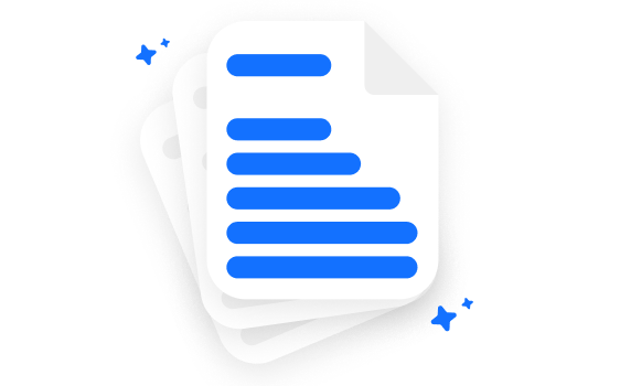 Illustration of stacked white documents with blue horizontal lines and small blue stars around.